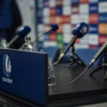 Persmoment van KAA Gent in aanloop naar de Europese wedstrijd tegen FK LNZ Tsjerkasy