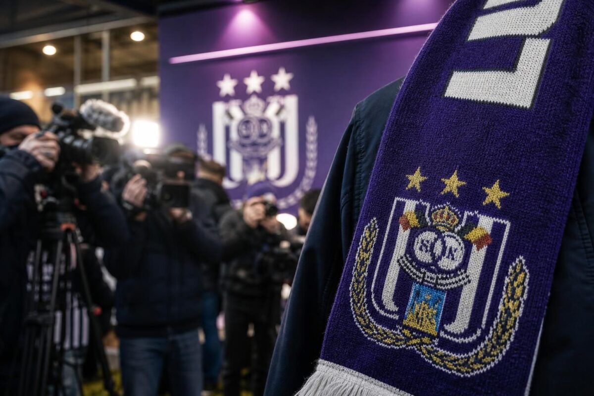 Transfercontext rond RSC Anderlecht met paarse clubkleuren en perscamera's zonder herkenbare gezichten