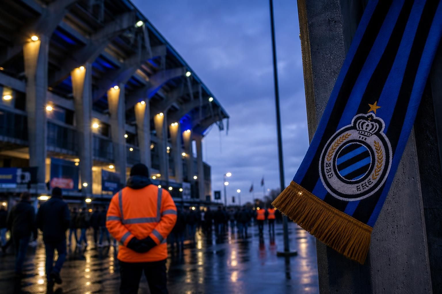 Transfercontext rond Club Brugge met stadionomgeving en blauw-zwarte sfeer