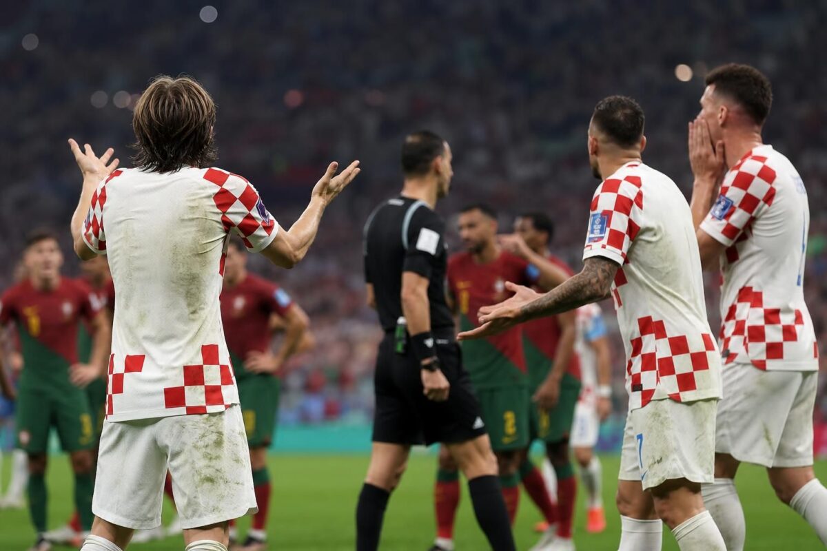 Kroatische spelers reageren ontgoocheld na een VAR-moment tegen Portugal op het WK 2026.