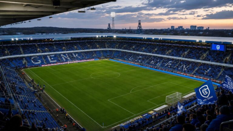 De blauw-witte tribunes en het volledige speelveld van KRC Genk in de Cegeka Arena, met supporters op de achtergrond.
