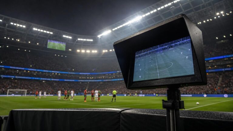 Gespannen WK-stadionbeeld met VAR-sfeer rond onderzoek naar gokmarkt en integriteit