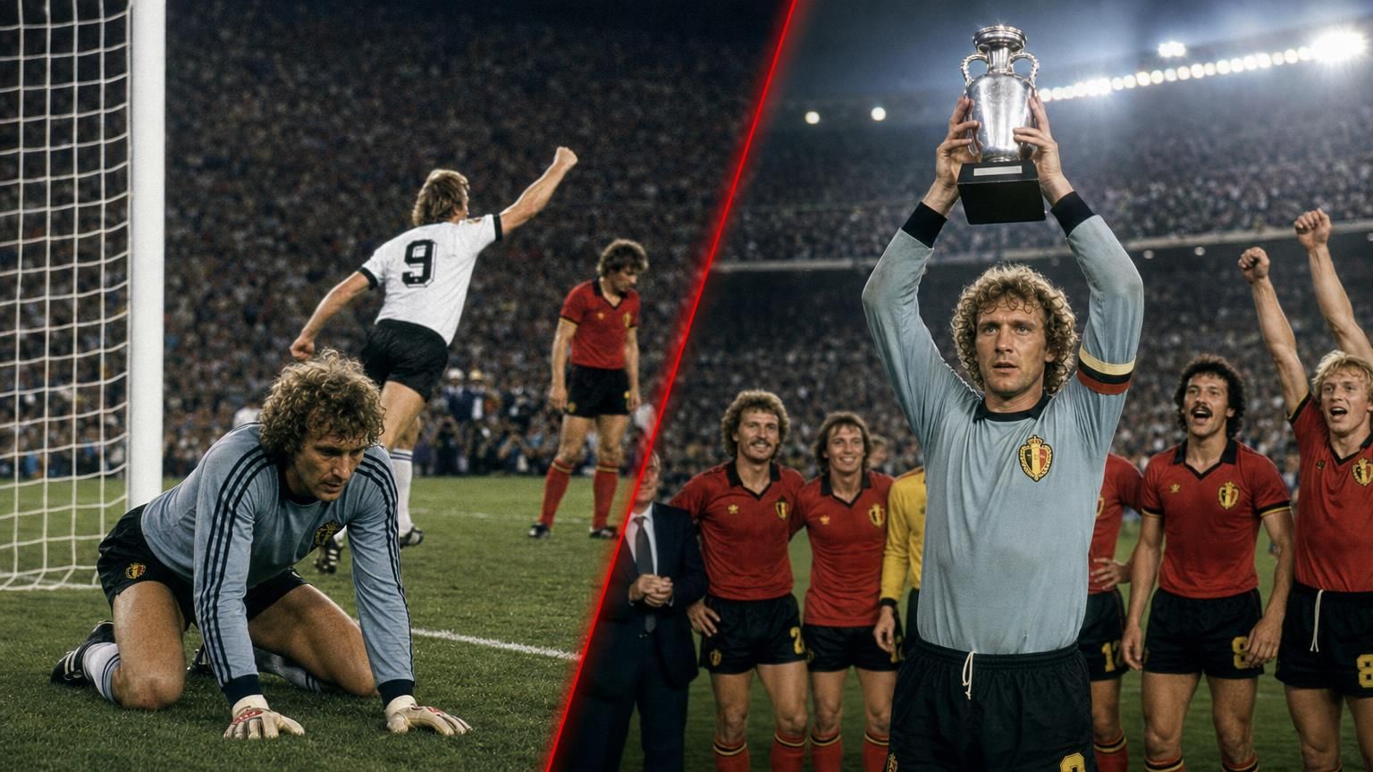 Pfaff verslagen door Hrubesch links, als Belgische EK-held rechts