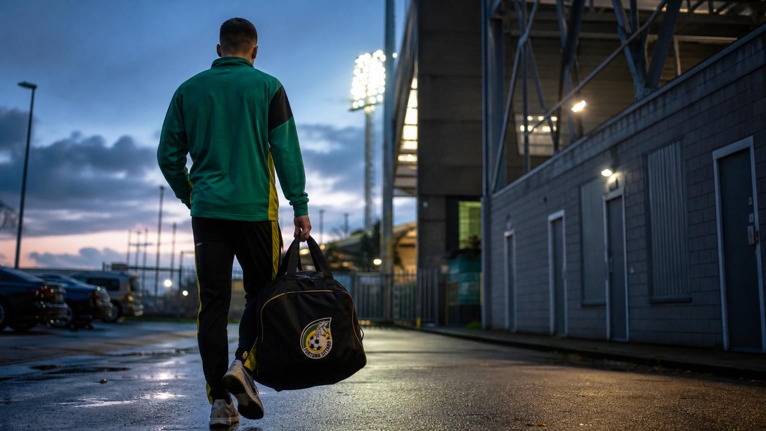 Voetbaltas in een stadionomgeving als symbool voor een transfervrije speler op zoek naar een nieuwe club
