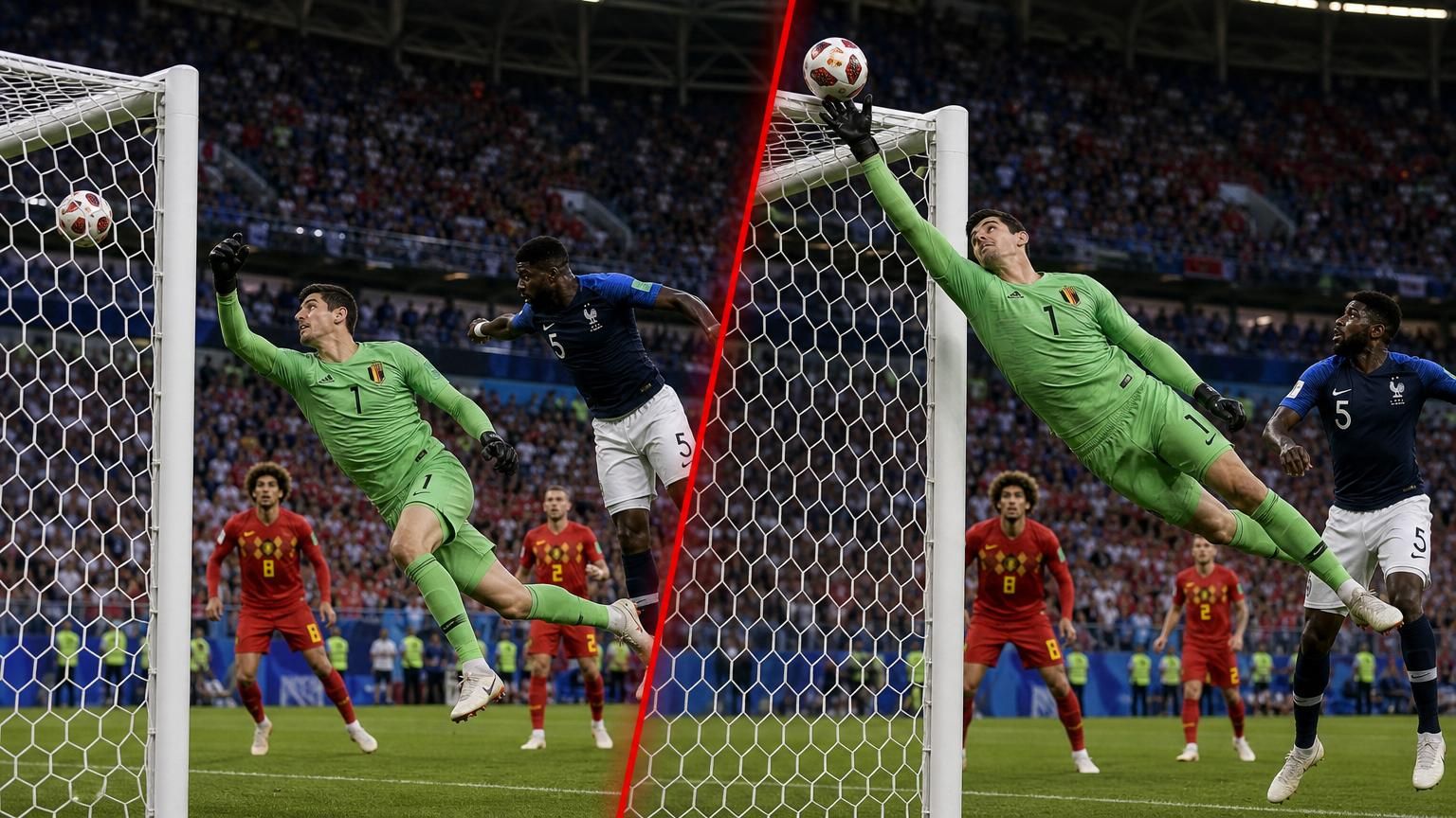 Courtois incasseert links Umtiti's kopbal en redt hem rechts