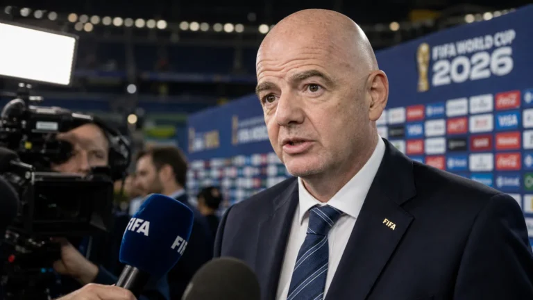 Gianni Infantino staat met ernstige blik in de mediazone van een WK-stadion