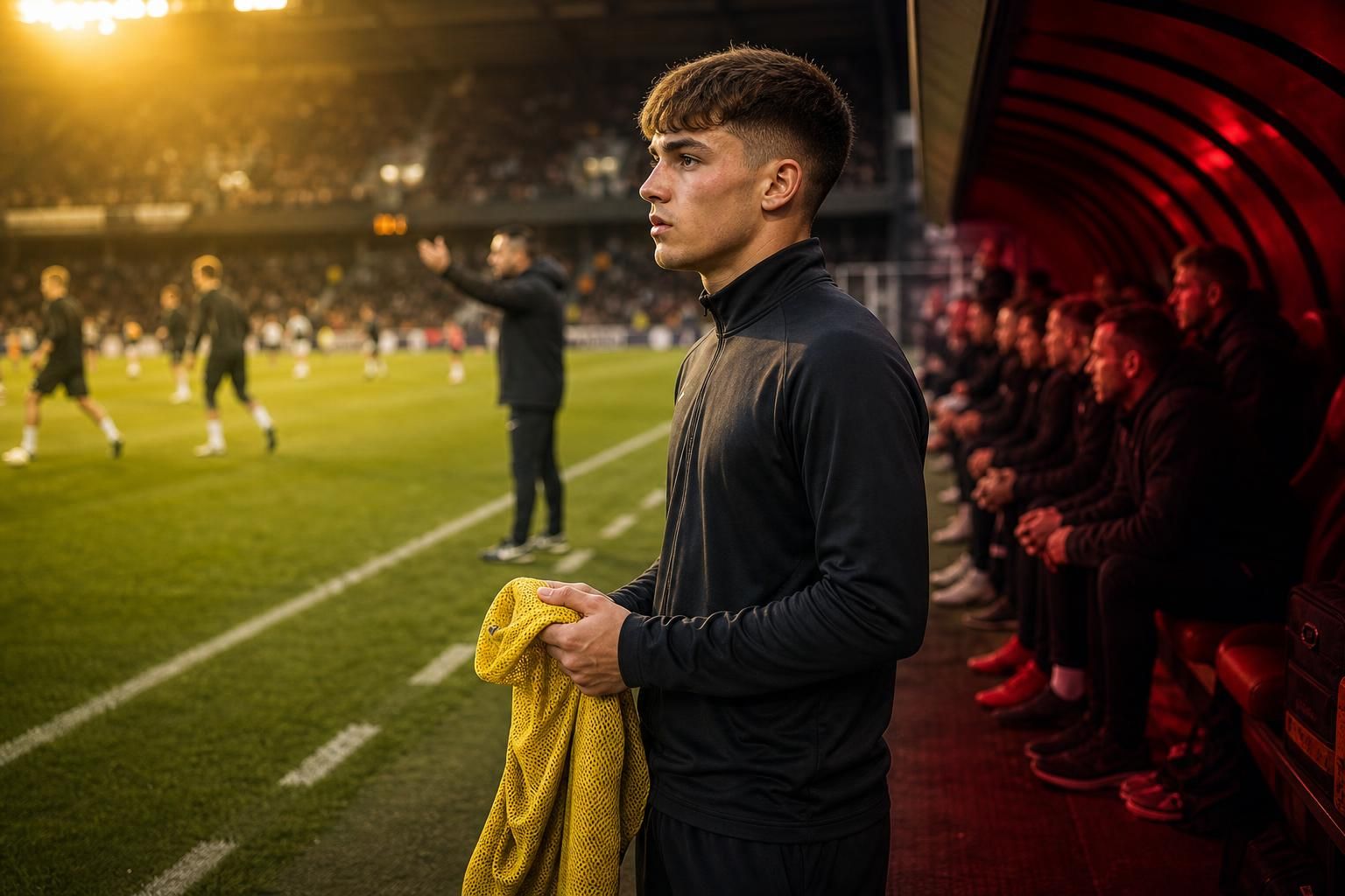 Jonge Pro League-speler wacht gespannen op zijn kans aan de zijlijn