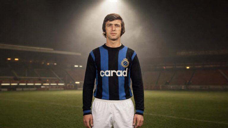 Erwin Vandendaele in het blauw-zwarte tenue van Club Brugge onder een stadionspot