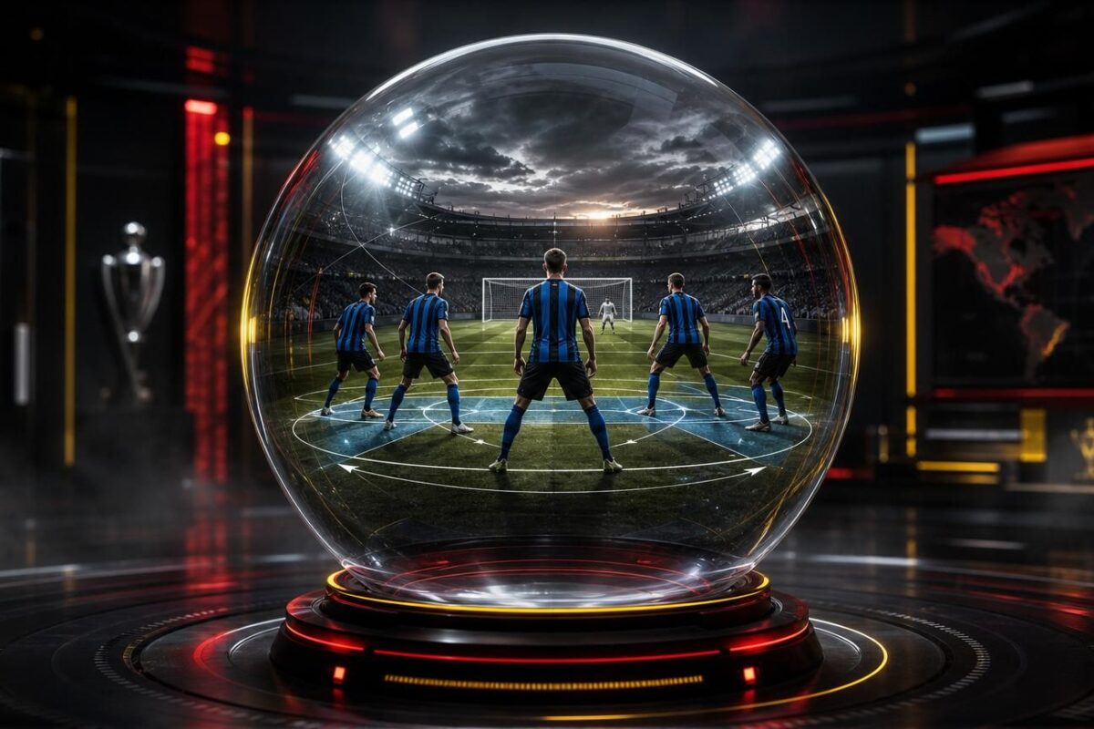 Club Brugge vormt symbolisch een nieuwe defensieve lijn rond een grote glazen bol in een verlicht stadion.