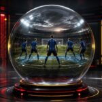Club Brugge vormt symbolisch een nieuwe defensieve lijn rond een grote glazen bol in een verlicht stadion.