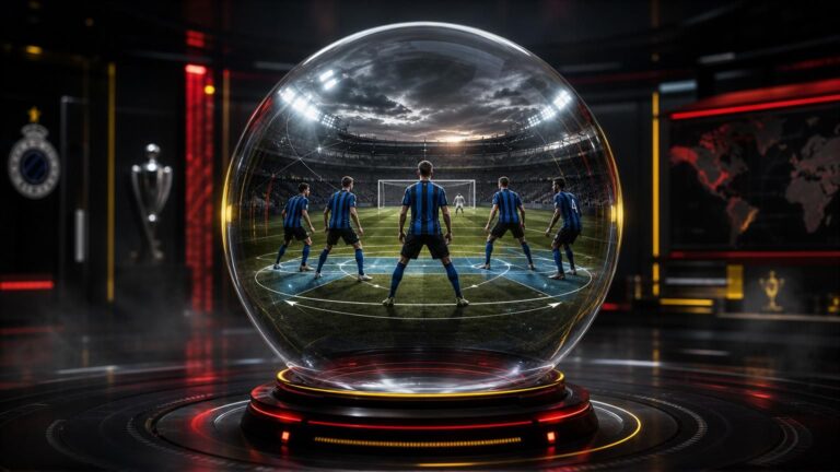 Club Brugge vormt symbolisch een nieuwe defensieve lijn rond een grote glazen bol in een verlicht stadion.