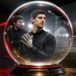 Thibaut Courtois in een glazen bol, met Mark van Bommel bij een symbolisch Belgisch doel
