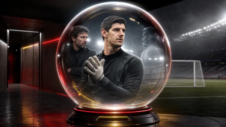 Thibaut Courtois in een glazen bol, met Mark van Bommel bij een symbolisch Belgisch doel