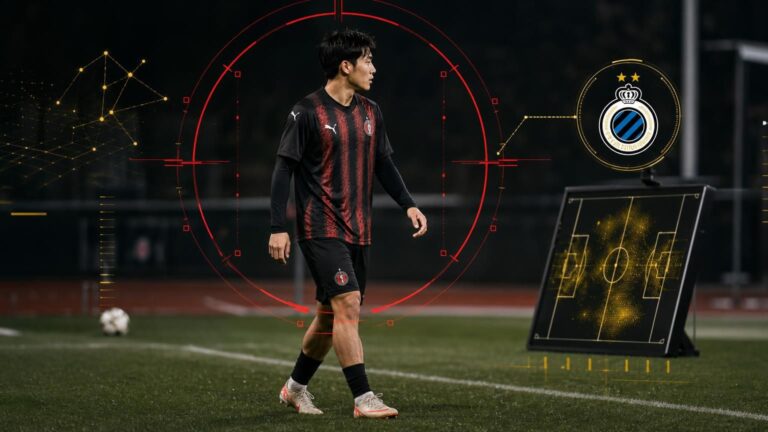 Lee Han-Beom staat in FC Midtjylland-tenue naast een afzonderlijk scoutingbord met het embleem van Club Brugge.