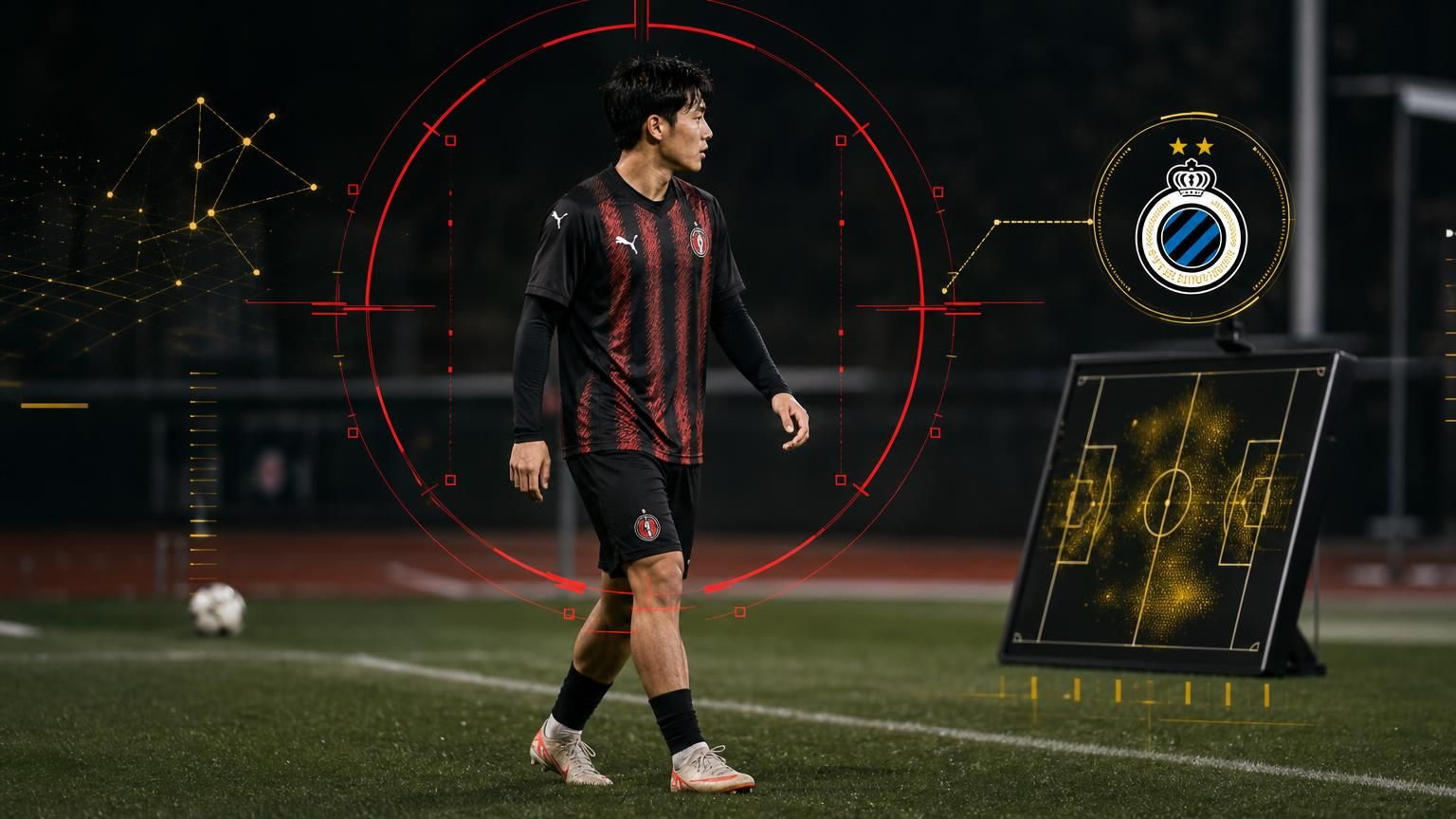 Lee Han-Beom staat in FC Midtjylland-tenue naast een afzonderlijk scoutingbord met het embleem van Club Brugge.