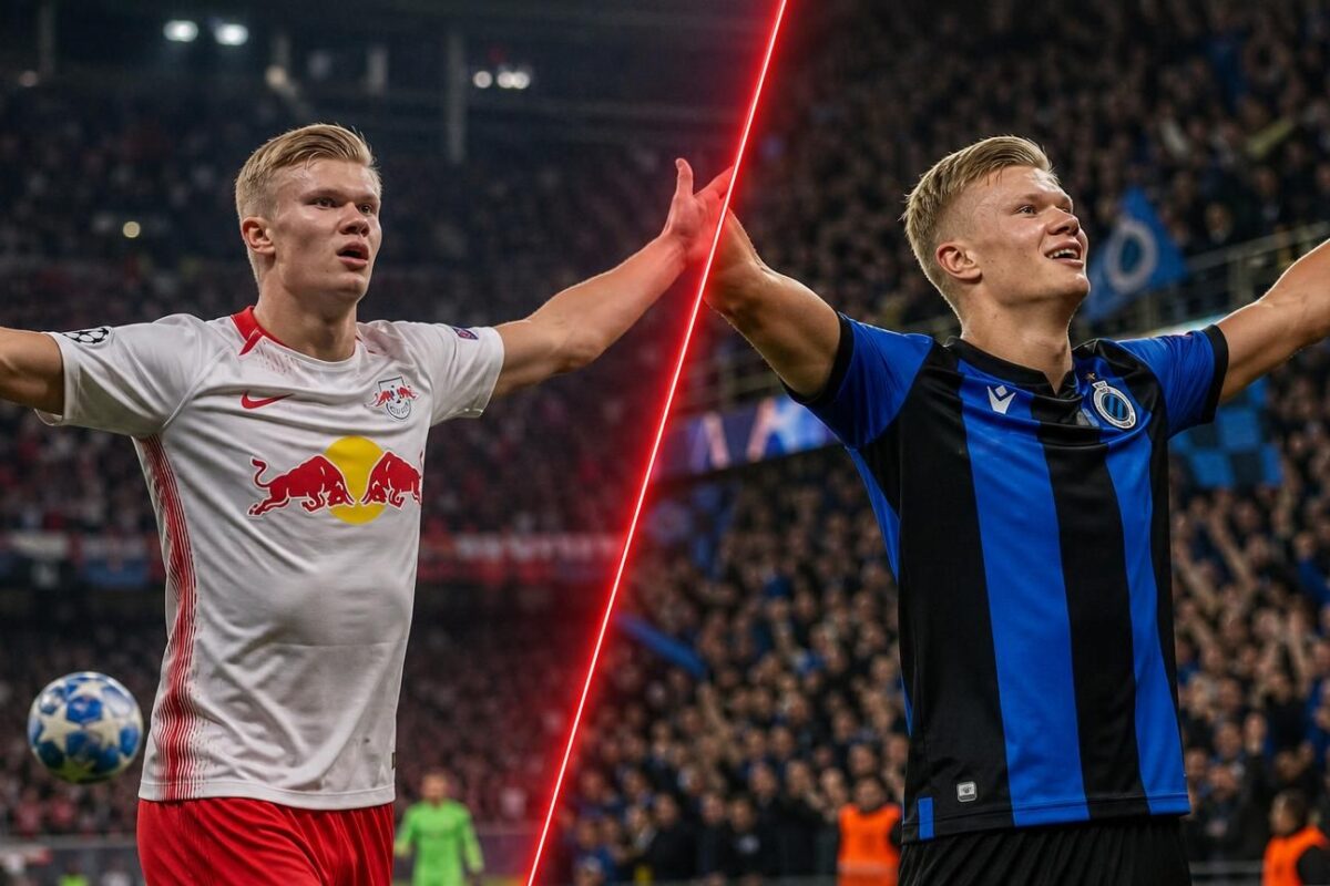 Haaland viert links voor Salzburg en rechts een titelgoal met Club Brugge