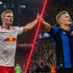 Haaland viert links voor Salzburg en rechts een titelgoal met Club Brugge