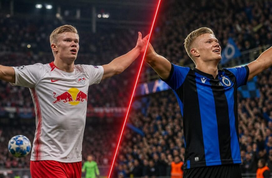 Haaland viert links voor Salzburg en rechts een titelgoal met Club Brugge