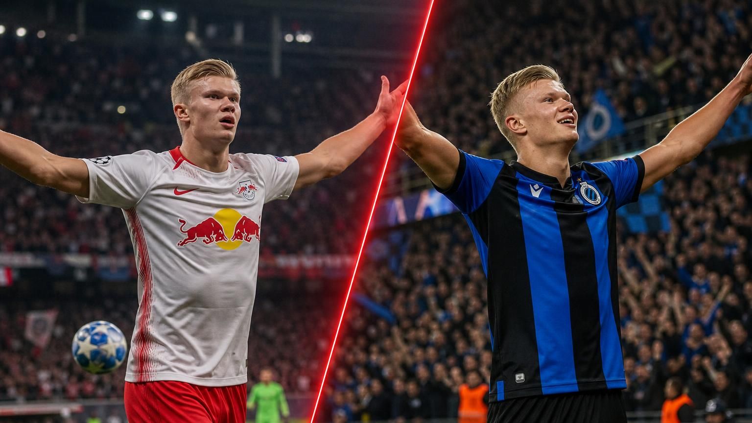Haaland viert links voor Salzburg en rechts een titelgoal met Club Brugge