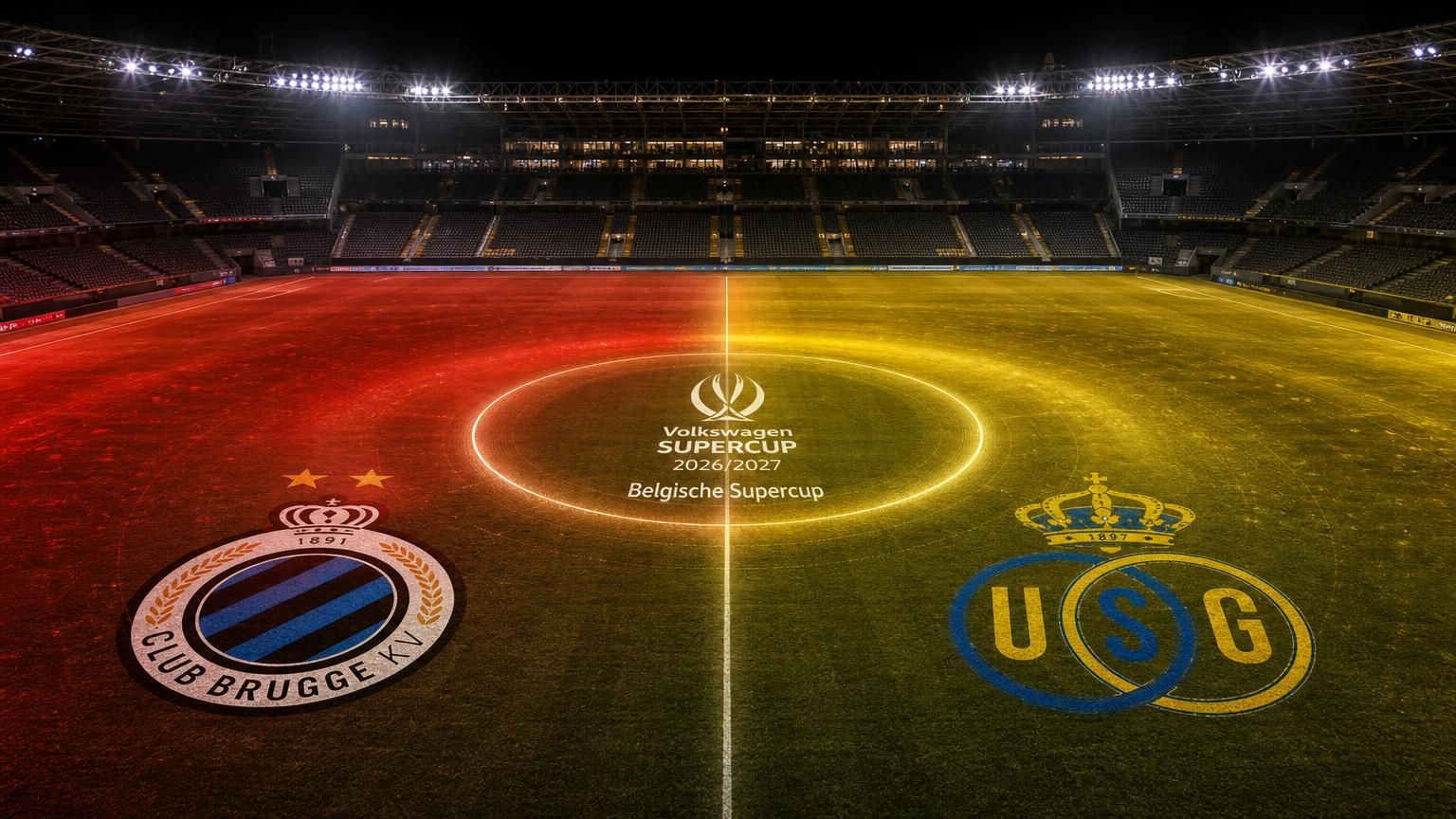 Club Brugge en Union SG tegenover elkaar in een donkere stadionscan voor de Belgische Supercup
