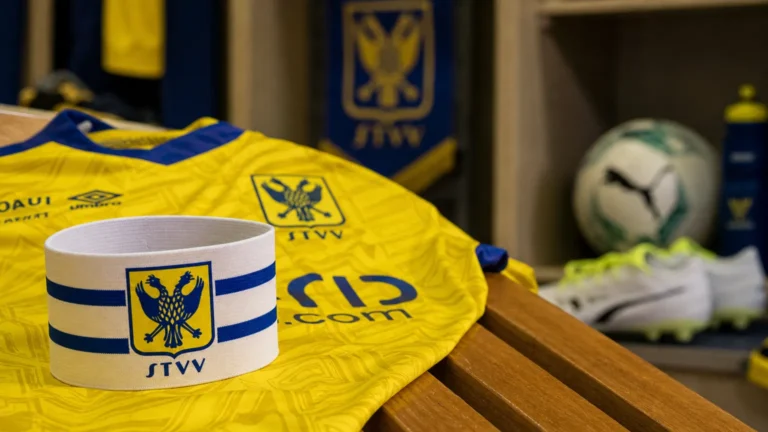 Aanvoerdersband op een geel-blauw STVV-shirt in de kleedkamer van Stayen