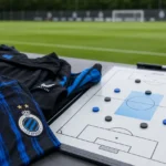 Blauw-zwarte trainingskledij van Club Brugge en een tactiekbord naast het oefenveld.