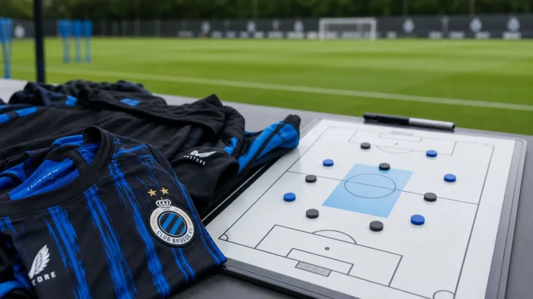 Blauw-zwarte trainingskledij van Club Brugge en een tactiekbord naast het oefenveld.