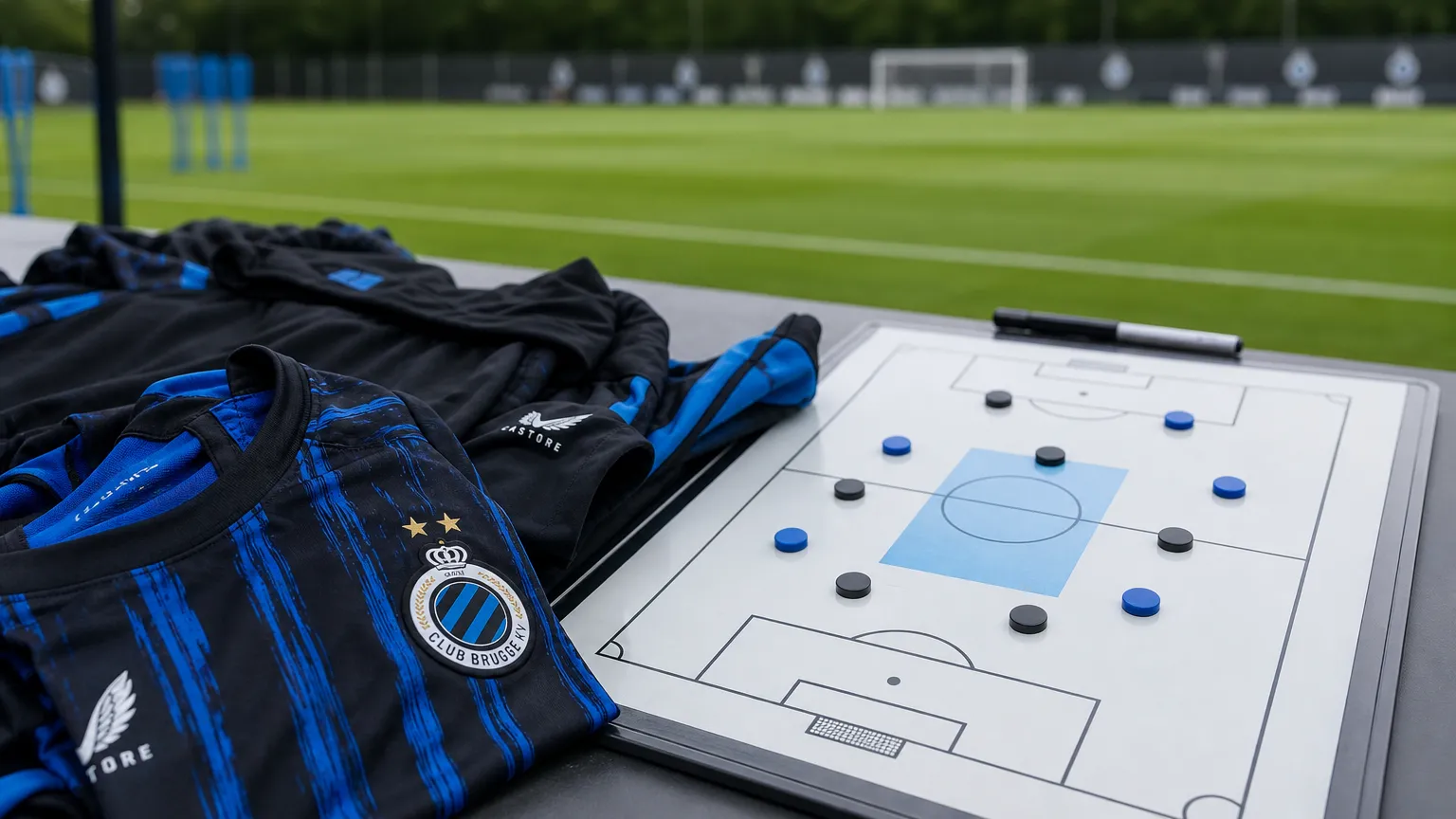 Blauw-zwarte trainingskledij van Club Brugge en een tactiekbord naast het oefenveld.