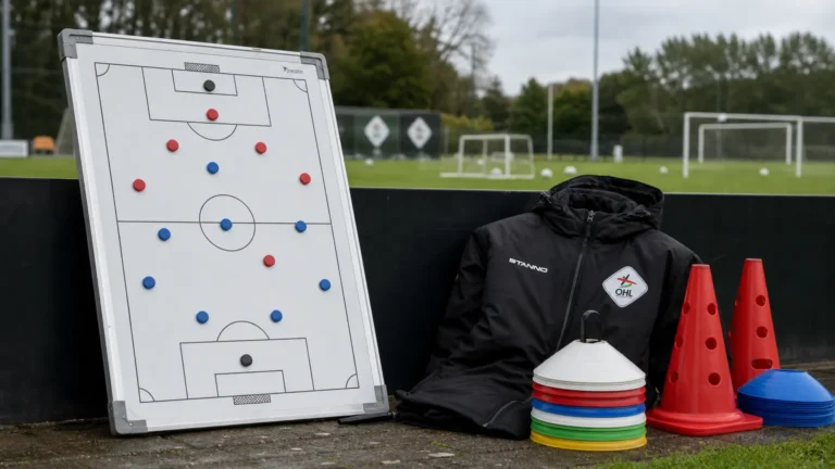 Tactiekbord en trainingsmateriaal van OH Leuven langs het oefenveld