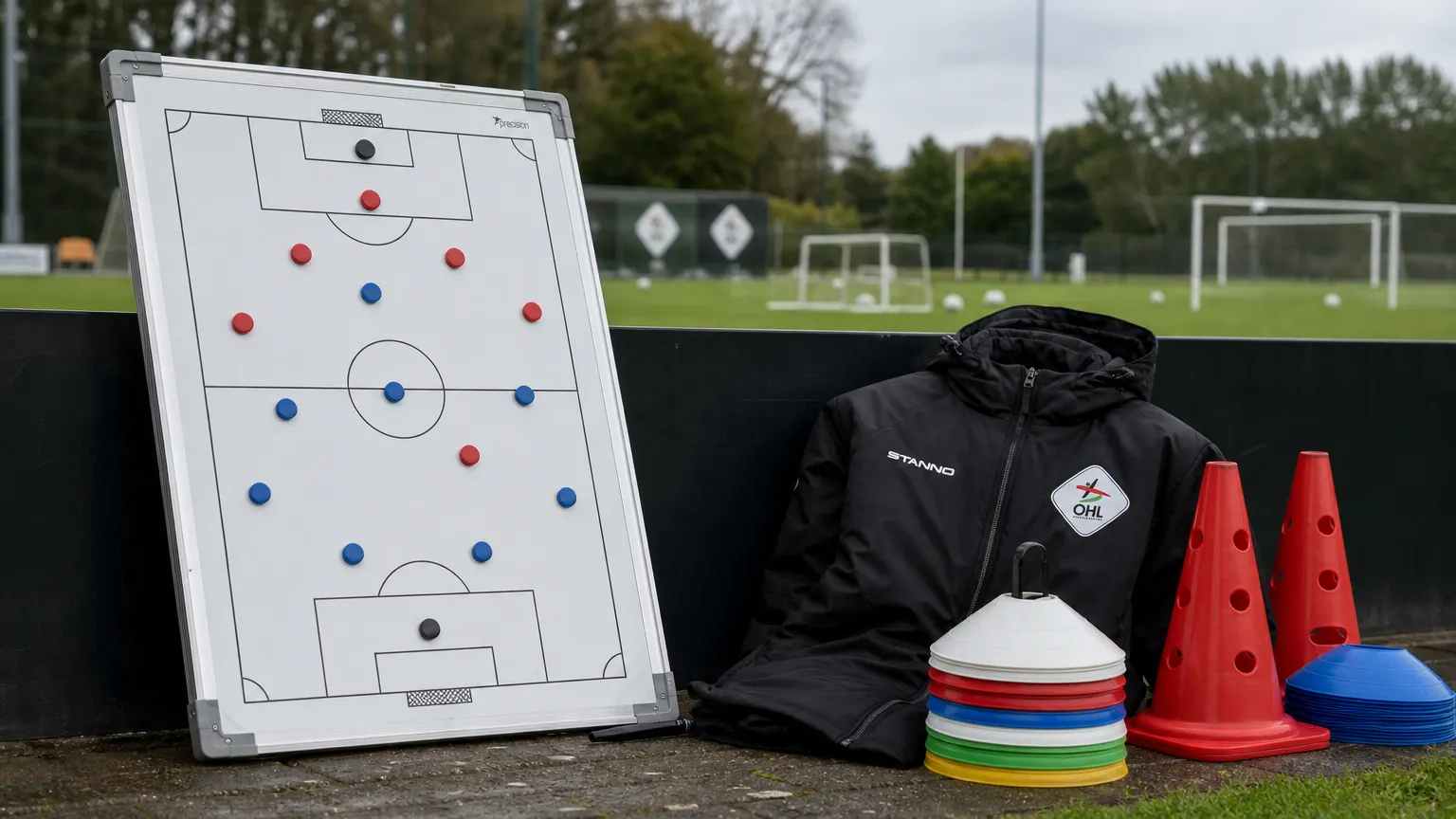 Tactiekbord en trainingsmateriaal van OH Leuven langs het oefenveld