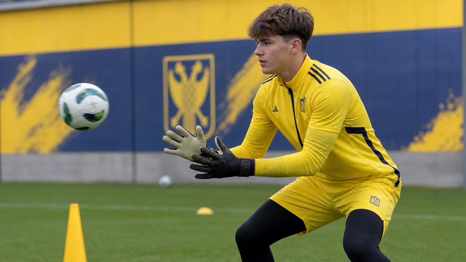 Doelman van STVV tijdens een gefocust trainingsmoment op Stayen