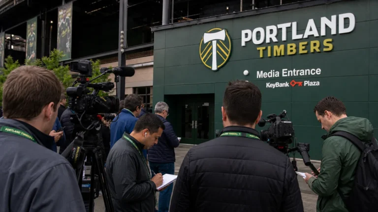 Journalisten verzamelen aan de media-ingang van Portland Timbers
