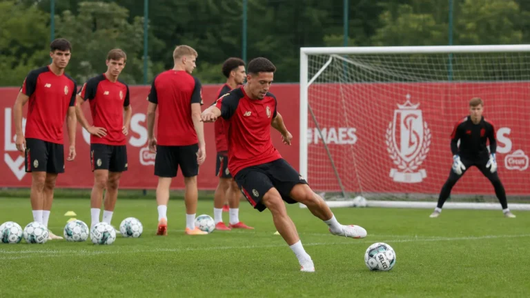 Spelers van Standard tijdens een afwerkoefening op het trainingsveld