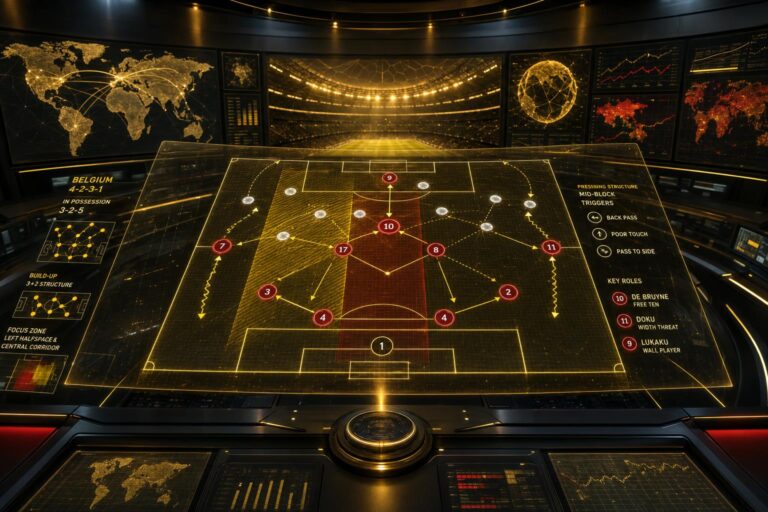 Tactisch beeld van België tegen de Verenigde Staten op het WK 2026, met focus op centrale controle en pressingtriggers.