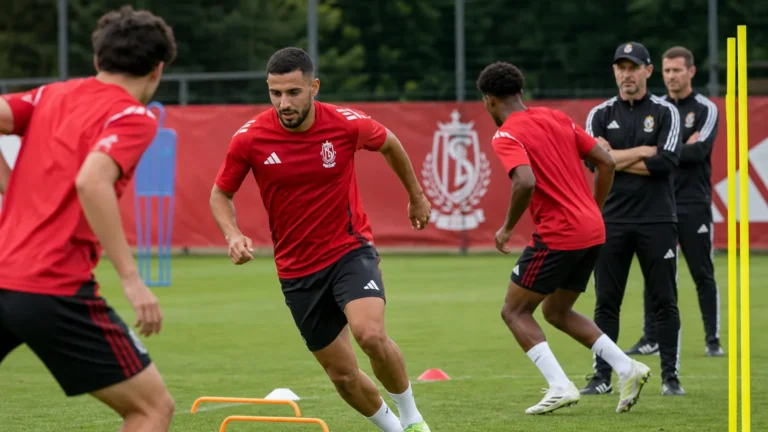 Spelers en stafleden van Standard tijdens een training op het oefenveld