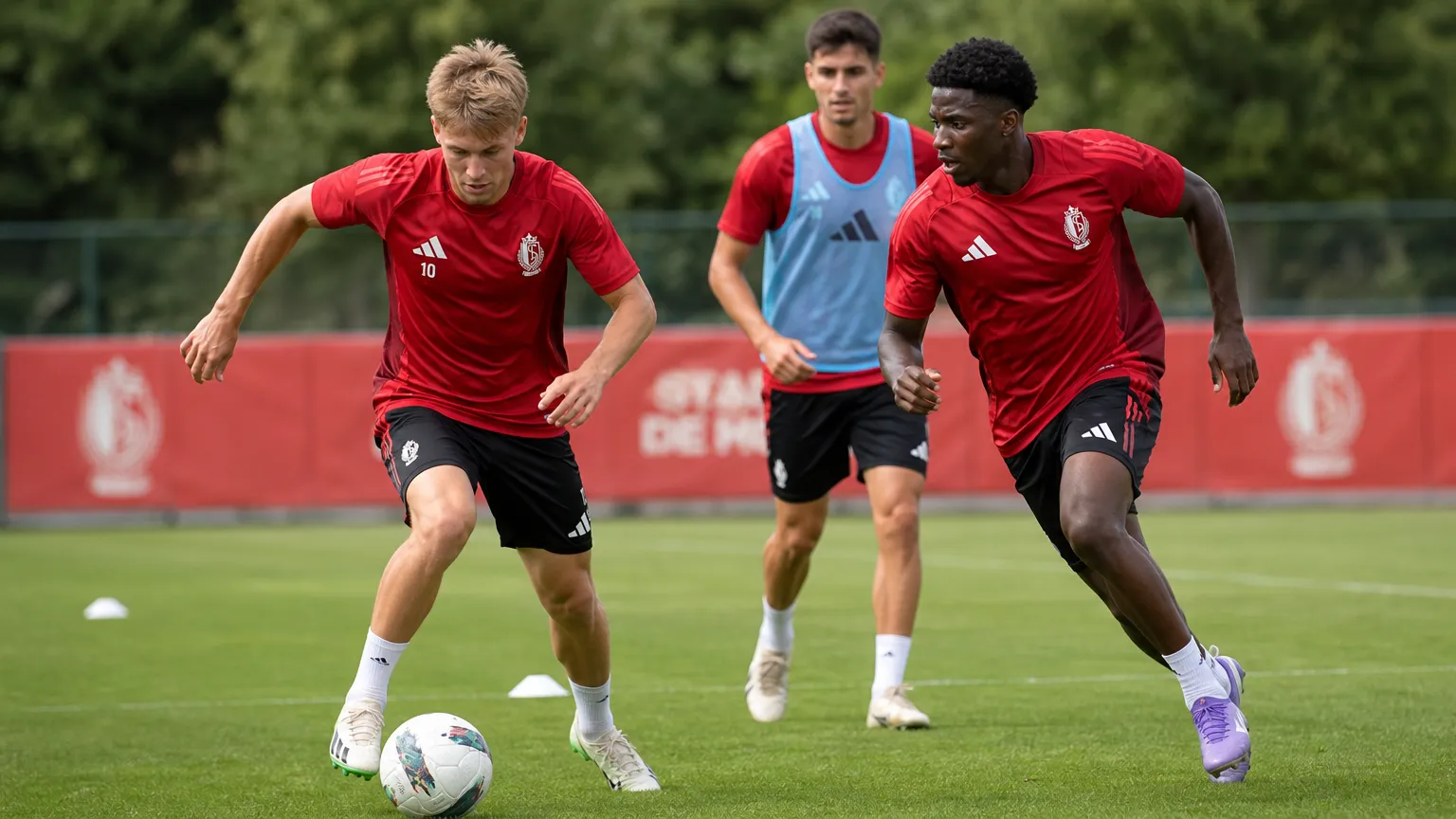 Spelers van Standard oefenen looplijnen op de flank tijdens een training