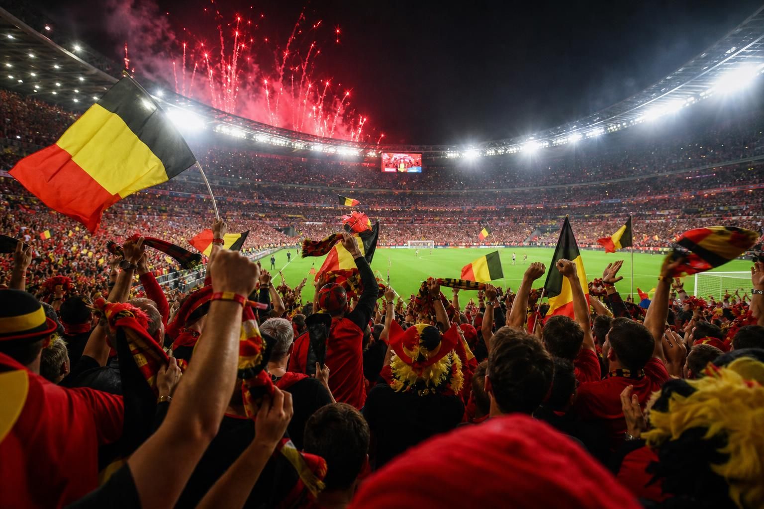 Belgische supporters vieren in een vol WK-stadion na een spectaculaire comeback van de Rode Duivels.