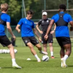 Spelers van Club Brugge tijdens een oefening voor defensieve middenvelders