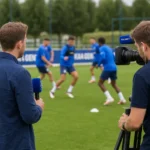 Mediateam naast het trainingsveld van KAA Gent tijdens een oefensessie