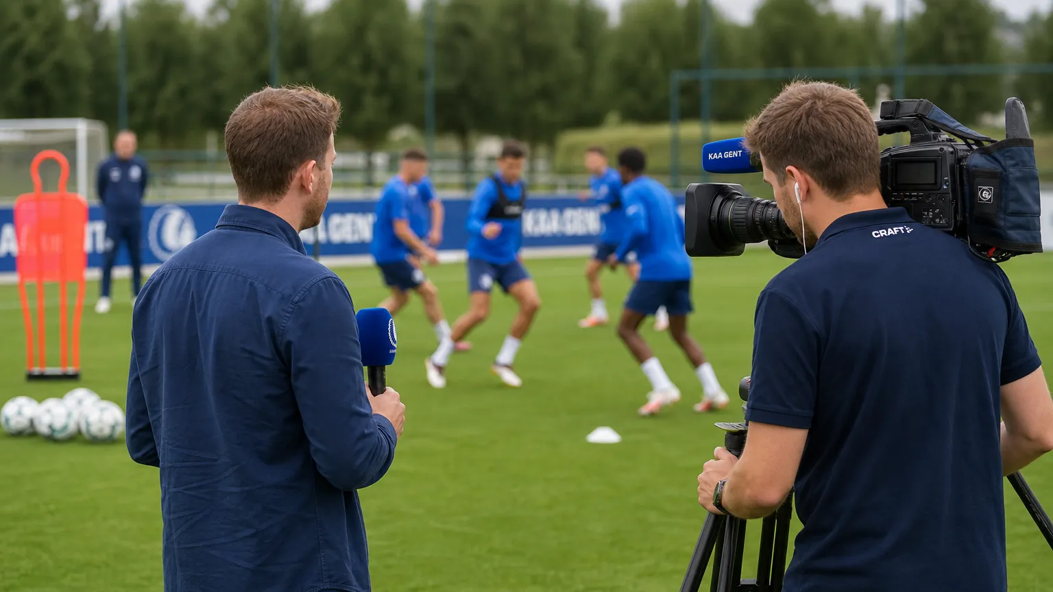Mediateam naast het trainingsveld van KAA Gent tijdens een oefensessie