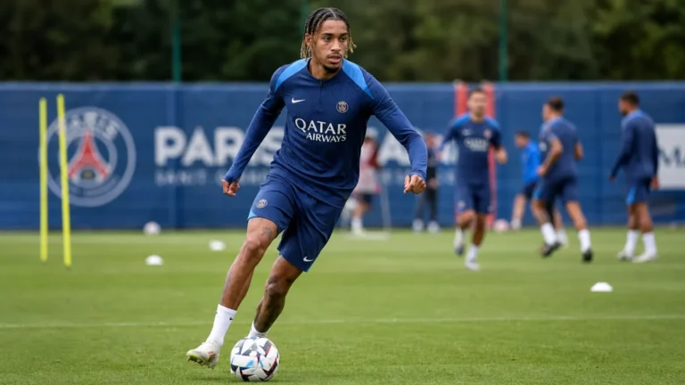 Bradley Barcola aan de bal tijdens een training van Paris Saint-Germain