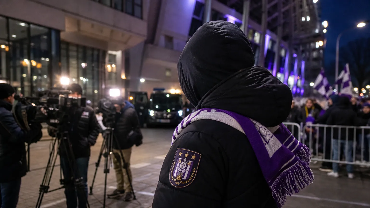 Transfercontext rond RSC Anderlecht met stadionomgeving en sjaaldetail, zonder herkenbare personen.