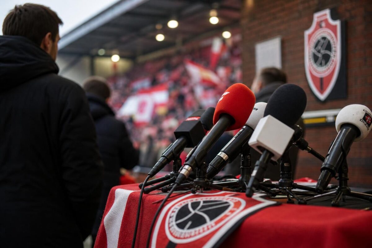 Persmoment in Antwerp-sfeer met microfoons en rood-witte details rond een mogelijke overname.
