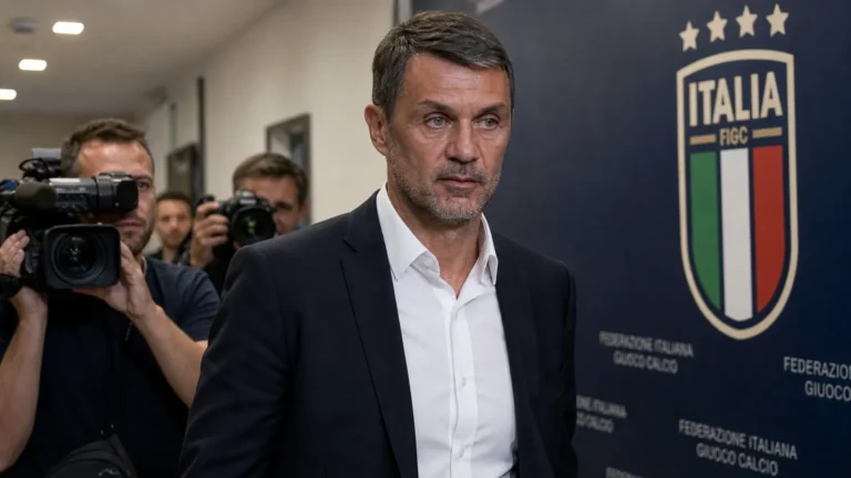 Paolo Maldini loopt langs journalisten in een persruimte van de Italiaanse voetbalbond.