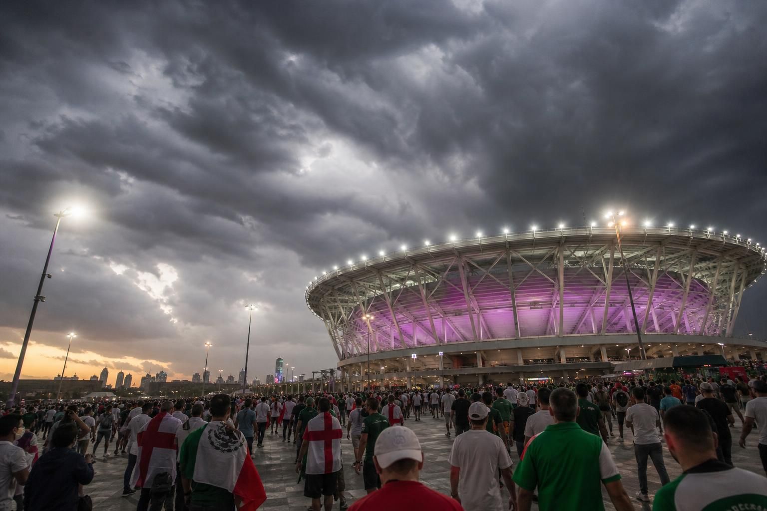 Dreigende WK-stadionsfeer voor Engeland-Mexico met supporters en donkere wolken.