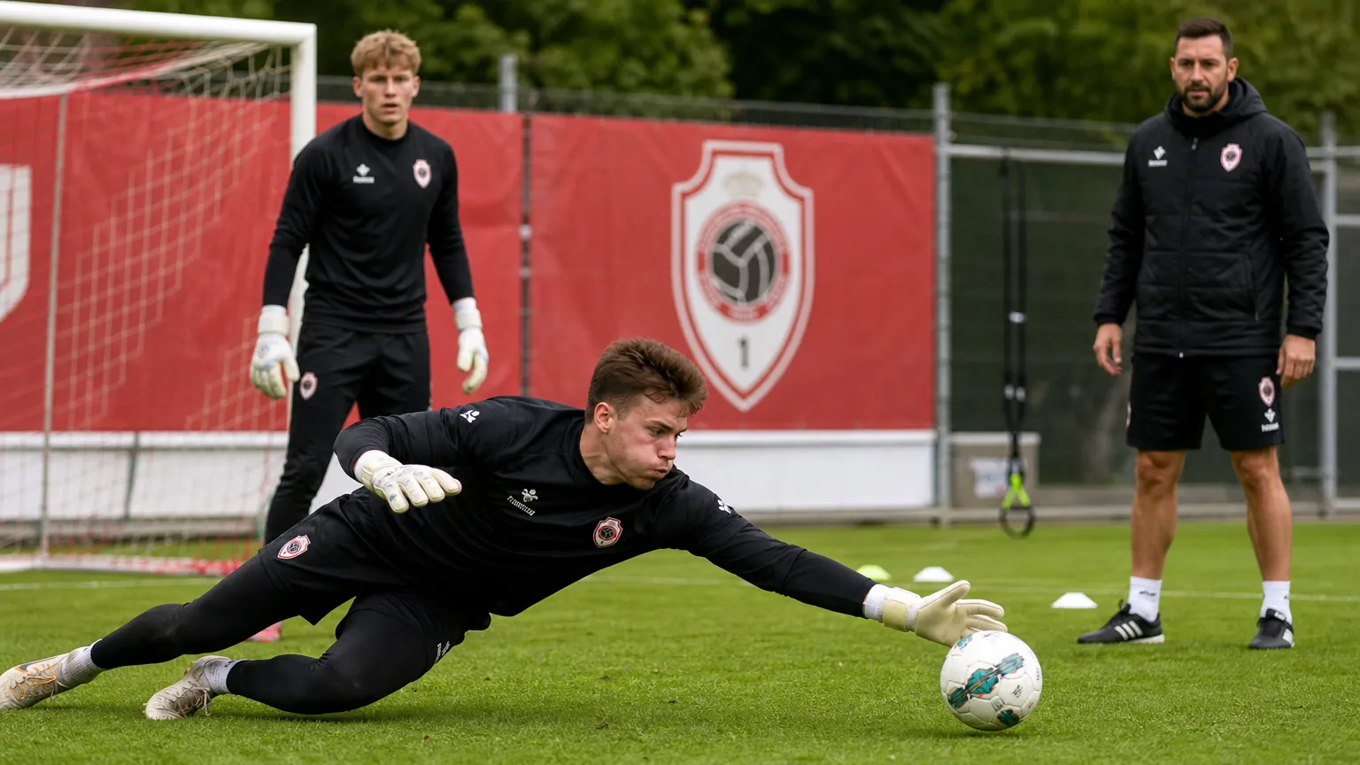 Niet-identificeerbare doelmannen tijdens een training van Royal Antwerp FC