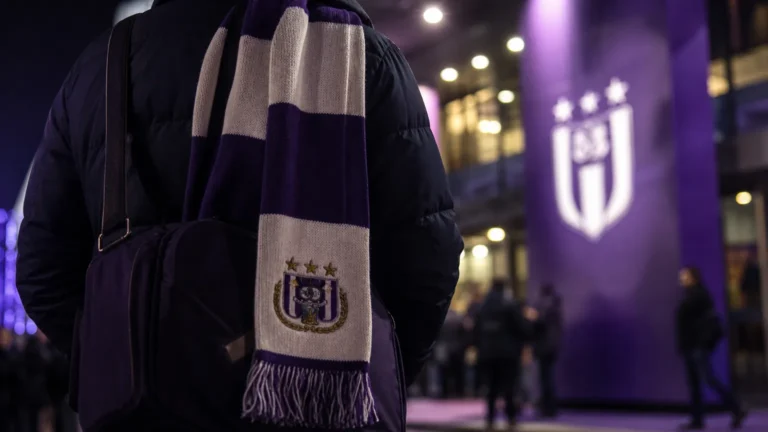Transfercontext rond RSC Anderlecht met paars-witte sfeer en stadionlichten zonder herkenbare gezichten