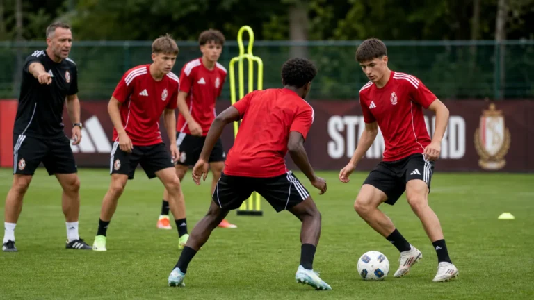 Jeugdspelers en staf van Standard tijdens een training op het oefenveld.