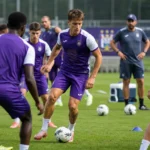 Spelers van RSC Anderlecht tijdens een actieve training op het clubcomplex
