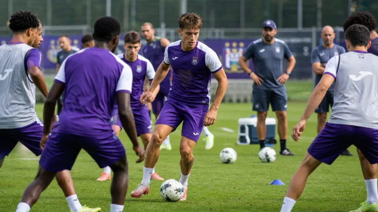 Spelers van RSC Anderlecht tijdens een actieve training op het clubcomplex